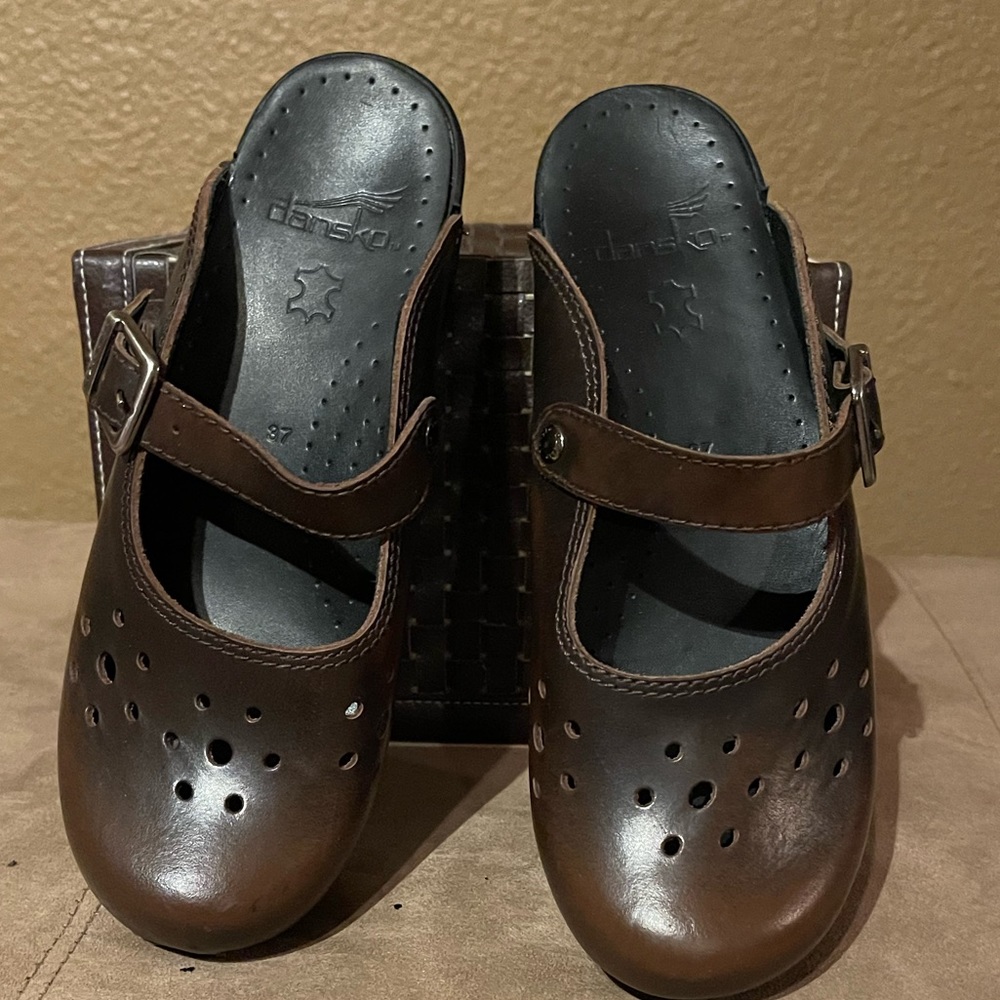 Dansko Brown Leather Mules with Perforated Design